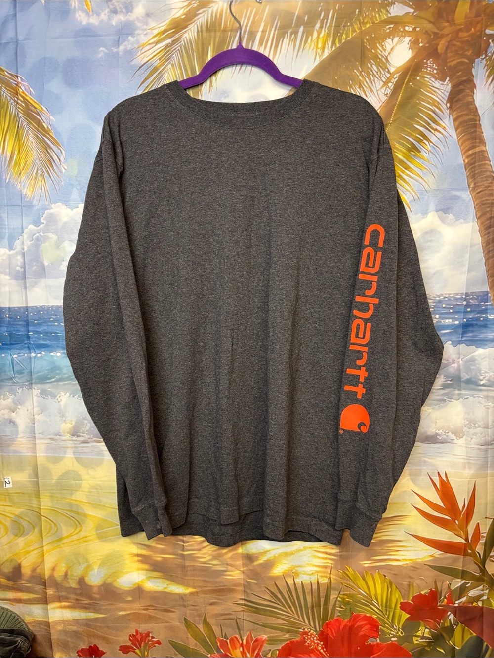 Carhartt Dark Gray Long Sleeve Tee with Orange Sleeve Logo